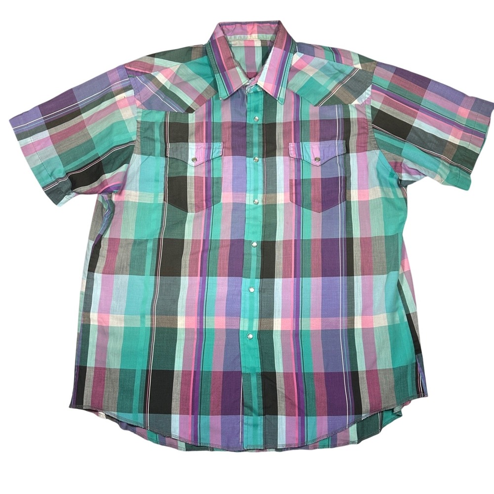 Vintage Western Pearl Snap Shirt Short Sleeve Plaid Teal Purple Pink Multi Color